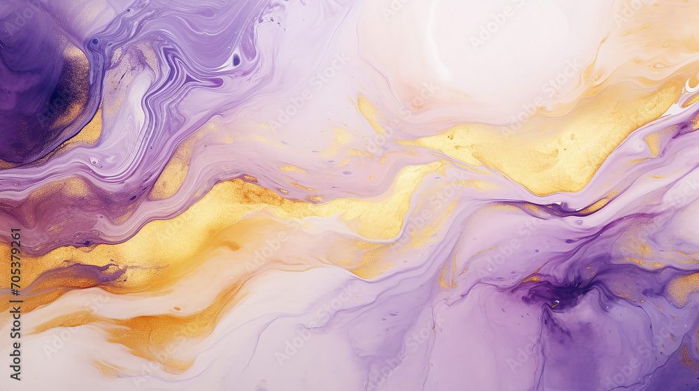 Gold and Deep Purple overflowing colors. Liquid acrylic picture that flows and splash. Fluid art texture design. Background with floral mixing paint effect. Mixed paints for posters or wallpapers