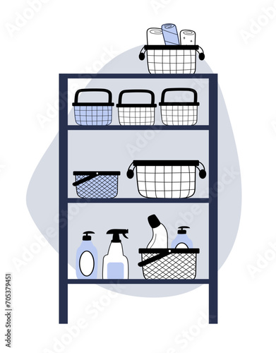 Hand drawn Vertical tidying up storage. Neatly folded bed sheets in the metal black baskets for wardrobe. Vector line doodle Illustration