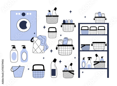 Laundry day. Hand drawn set of laundry items in doodle style. Spring home cleaning. Vector line doodle Illustration for background, poster, frame.