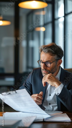Doubtful serious busy mid aged professional business man manager or financial legal expert analyst holding corporate documents reading papers sitting at desk in office feeling doubt, Generative AI 
