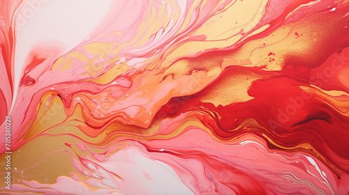 Fluid art texture design. Background with floral mixing paint effect. Mixed paints for posters or wallpapers. Gold and ruby red overflowing colors. Liquid acrylic picture that flows and splash