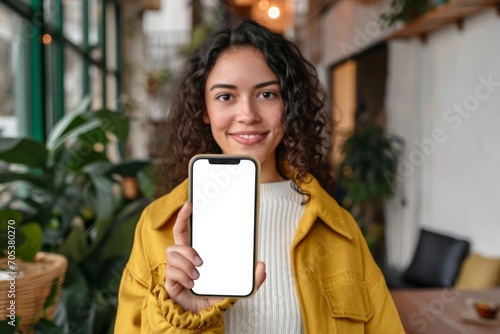Latin young woman student holding mobile phone in hand using elearning app on cell showing white big blank cellular display mock up, smartphone mockup, Generative AI 