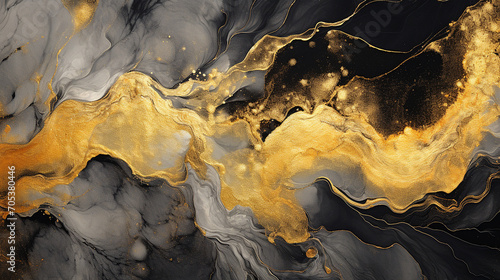 Fluid art texture design. Background with floral mixing paint effect. Mixed paints for posters or wallpapers. Gold and black overflowing colors. Liquid acrylic picture that flows and splash