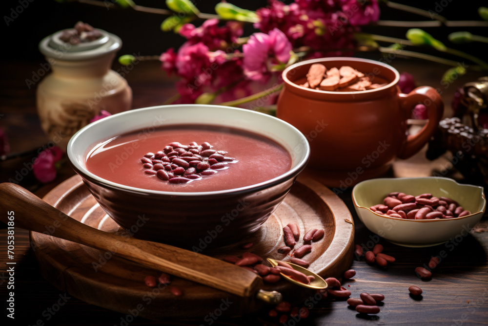 Warm red bean soup on table Warm red bean soup on table