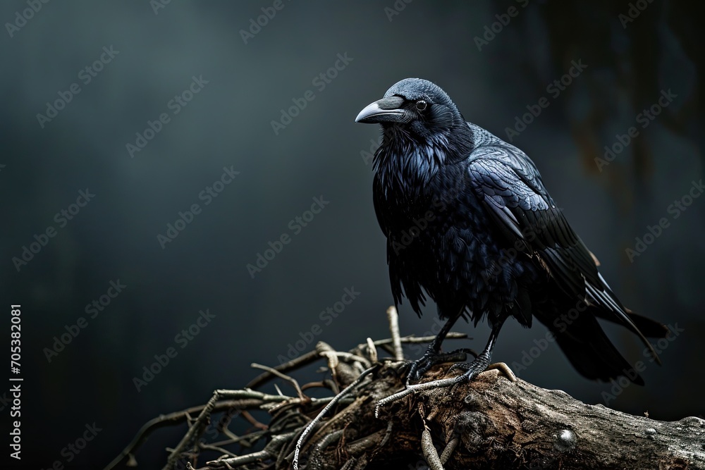 Fototapeta premium Right side view of Carrion Crow standing on old branch AI Generative