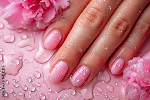 Female hand with manicure with flowers on pink background.