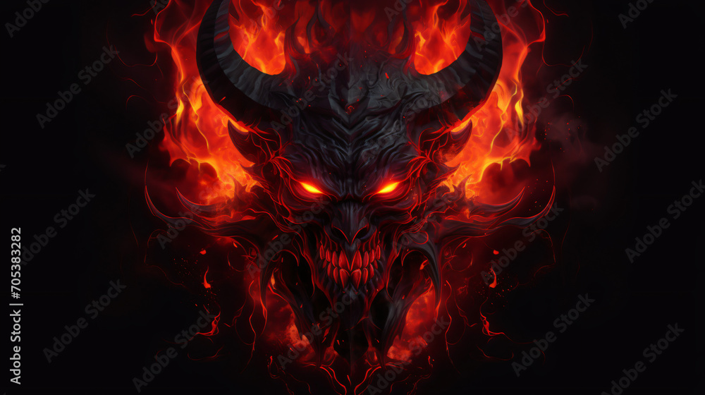 Black Demon with horns and red fire eyes Fantasy