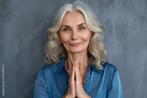 Happy smiling mature 50 years old woman looking at camera feeling sincere gratitude. Portrait of grateful mindful woman prayer hands on chest isolated, Generative AI  photo