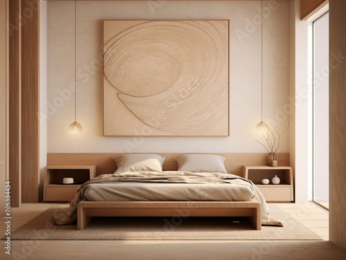 Naturally Elegant Bedroom Oasis: Infused with Organic Elements, Shaped Canvas Art, Warm Color Palette, and Meticulous Minimalism. A Masterpiece in the Style of Naturalistic Painting, Showcasing Eco-Fr