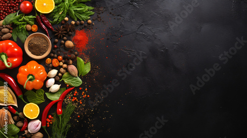Close up of colorful spices and fresh vegetables