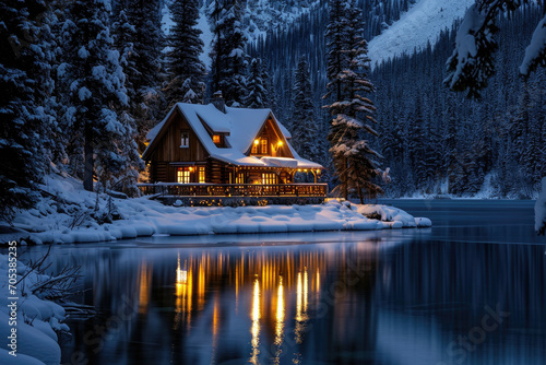 a beautiful cabin on the shore of a lake in the winter snow