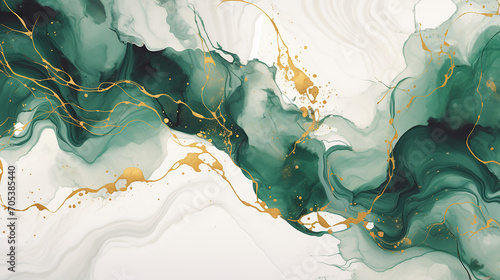 Watercolor emerald background with elements of gold splashes. Great for backgrounds, websites, postcards, invitations, banners, brochures, brochures. floral background with marble pattern