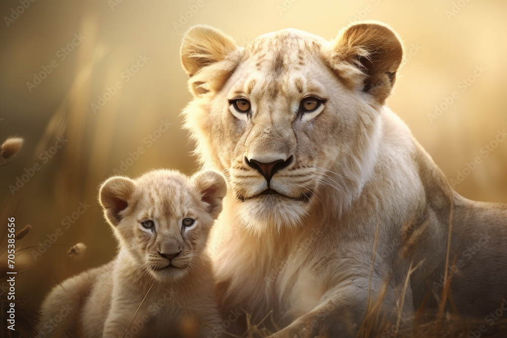 Naklejka premium Mother love between lovely a lion and a cub created. generative ai