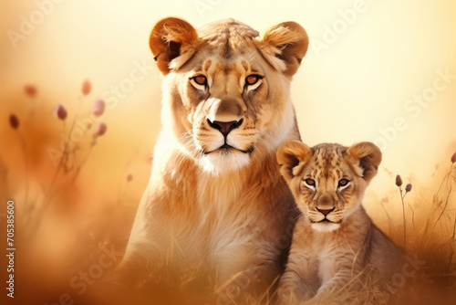 Mother love between lovely a lion and a cub created. generative ai © Phichitpon