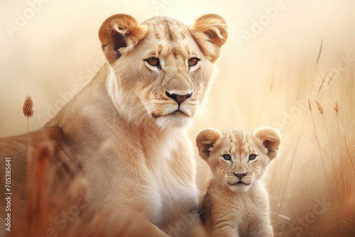 Mother love between lovely a lion and a cub created. generative ai