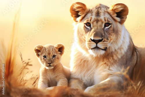 Mother love between lovely a lion and a cub created. generative ai