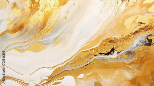 Gold and Tangerine overflowing colors. Liquid acrylic picture that flows and splash. Fluid art texture design. Background with floral mixing paint effect. Mixed paints for posters or wallpapers