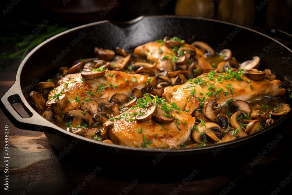 Marsala Chicken prepared in a cast iron skillet. Marsala Chicken prepared in a cast iron skillet.