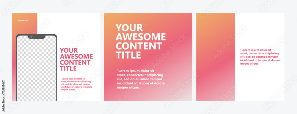 Carousel social media post vector template. Yellow and pink gradient colored three pages microblog style post featured by image space with phone screen as a frame.