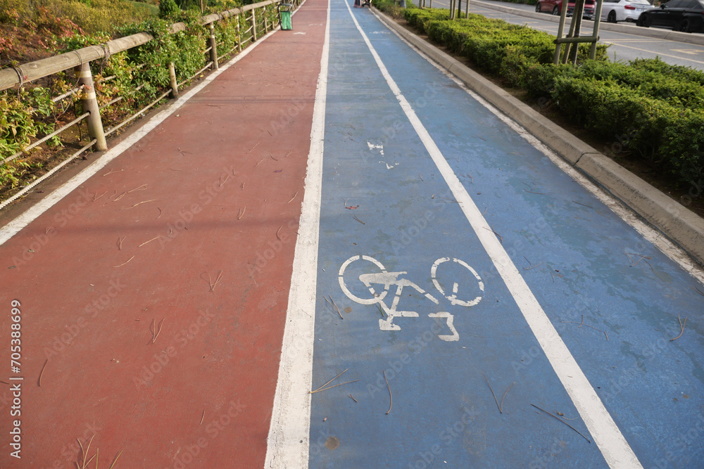 Obraz premium Bicycle symbol on the blue road surface