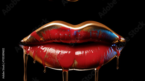 Colorful female lips with paint leaks and drops