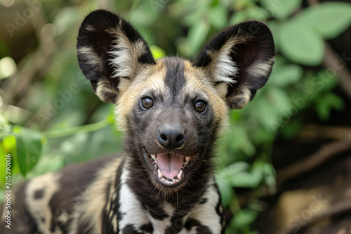 A funny African Wild Dog pup, part of a playful parade