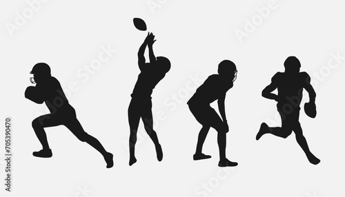 set of silhouettes of american football player with different pose  gesture. isolated on white background. vector illustration.