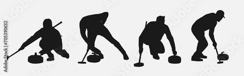 set bundle of curling sport silhouettes. vector illustration.