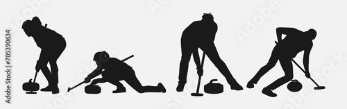 set bundle of curling sport silhouettes. vector illustration.