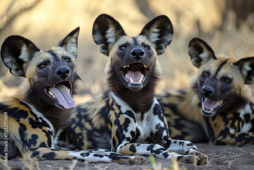 A moment of pure laughter among a group of funny African Wild Dogs photo