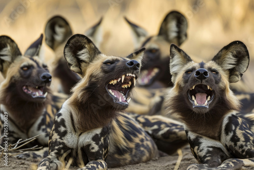 A moment of pure laughter among a group of funny African Wild Dogs