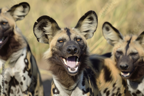 A moment of pure laughter among a group of funny African Wild Dogs