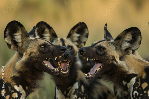 A moment of pure laughter among a group of funny African Wild Dogs