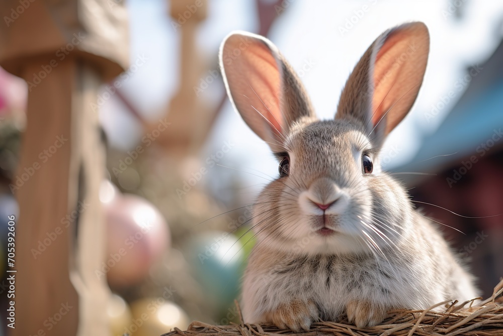 Fototapeta premium Rabbit with Easter eggs in the background. Selective focus. Easter Holiday