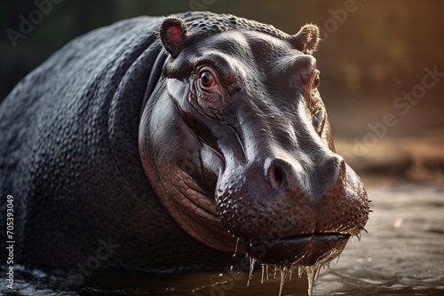 A close-up of a hippo taking a morning swim