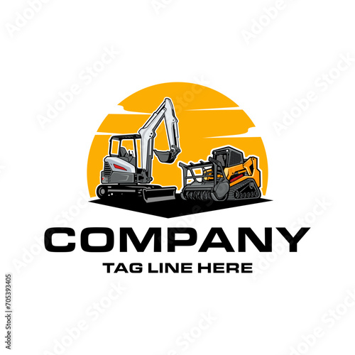 mini excavator, mulching machine illustration, Land Clearing Mulcher vector art	