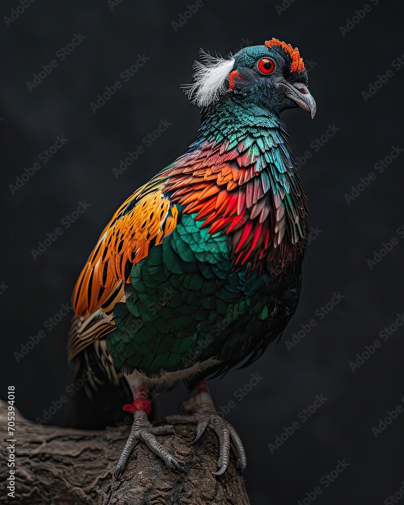 Beautiful Green Naped Pheasant Pigeon standing on old log AI Generative