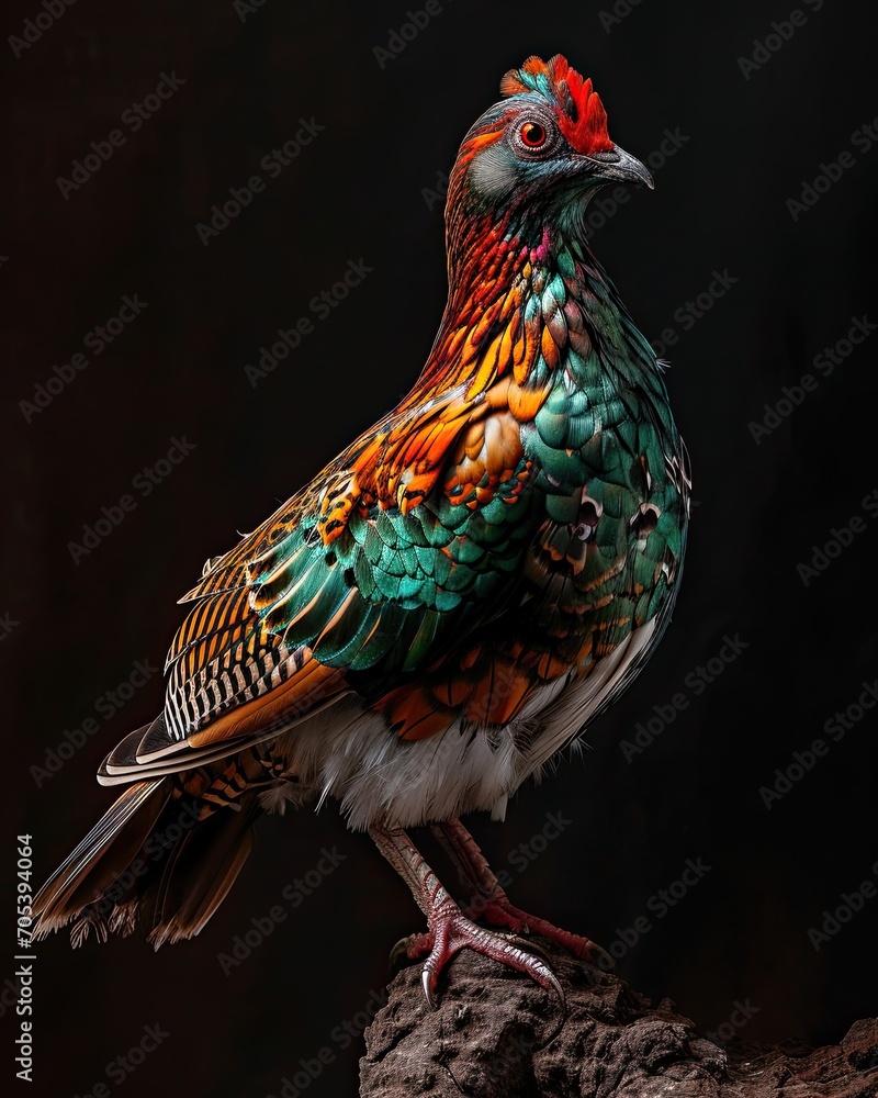 Portrait Green Naped Pheasant Pigeon standing on old log AI Generative