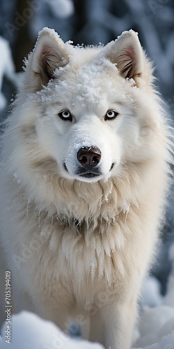 Portrait of a beautiful white dog in the winter forest. Samoyed