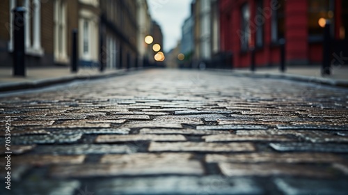 Cobblestone street in London, UK. Blurred background photo