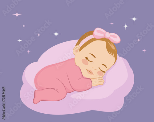 Sweet little baby sleeping vector illustration. Cute baby girl sleeps peacefully at night in cozy pillow