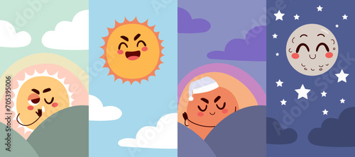 Four times of day vector illustration concept. Sun on the morning, day, afternoon and moon on night drawing