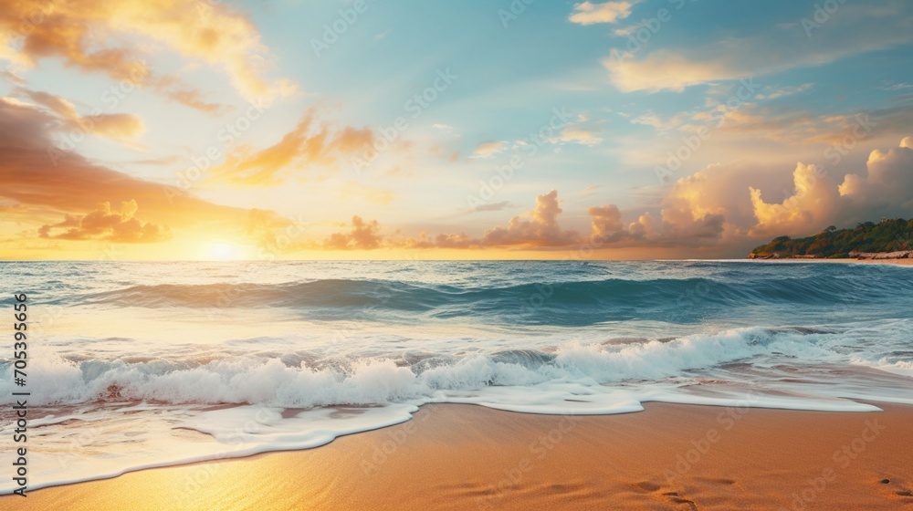 an image of a serene coastline with golden sands kissed by gentle ocean waves