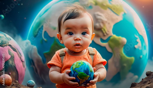 Fototapeta Naklejka Na Ścianę i Meble -  Planet Earth in the children's hands of a beautiful touching baby.