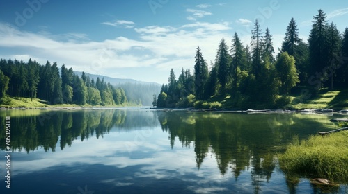an image of a serene lake reflecting the surrounding forest in its calm waters