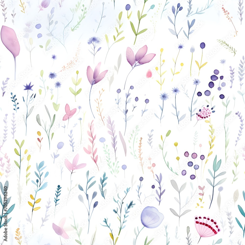 Seamless pattern of plants and flowers ,minimal style, watercolor Seamless pattern of plants and flowers ,minimal style, watercolor
