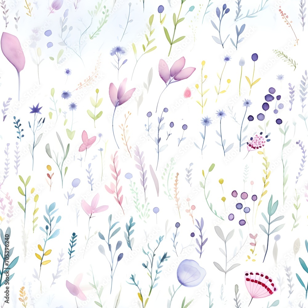 Seamless pattern of plants and flowers ,minimal style, watercolor