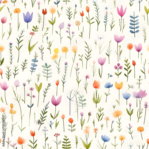 Seamless pattern of plants and flowers ,minimal style, watercolor