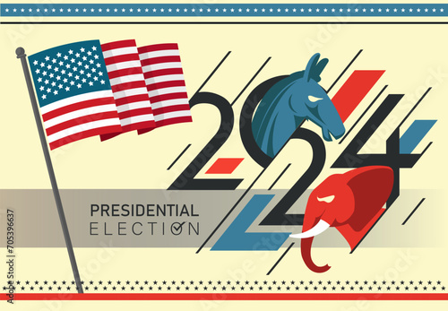 US Presidential Election Banner Background for year 2024. American Election campaign between democrats and republicans. Electoral symbols of both political parties. United States of America USA Flag.