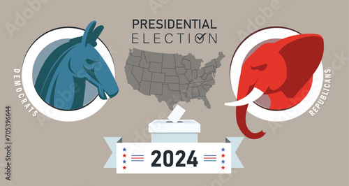 US Presidential Election Banner Background for year 2024. USA Map with state outlines. American Election campaign between democrats and republicans. United States of America.